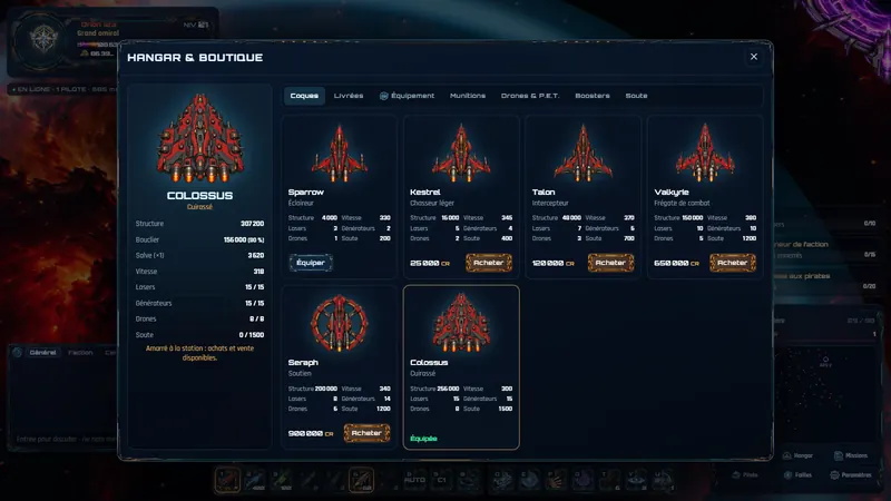Capture du jeu : le hangar et la boutique des coques